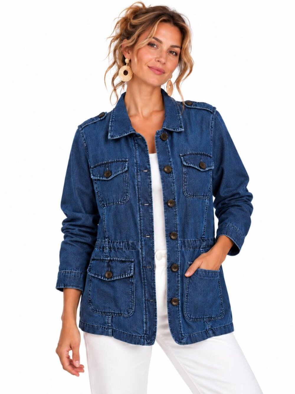 Talbots Cotton Hemp Field Jacket XL Blue Utility Cargo Zip Button Casual Relaxed